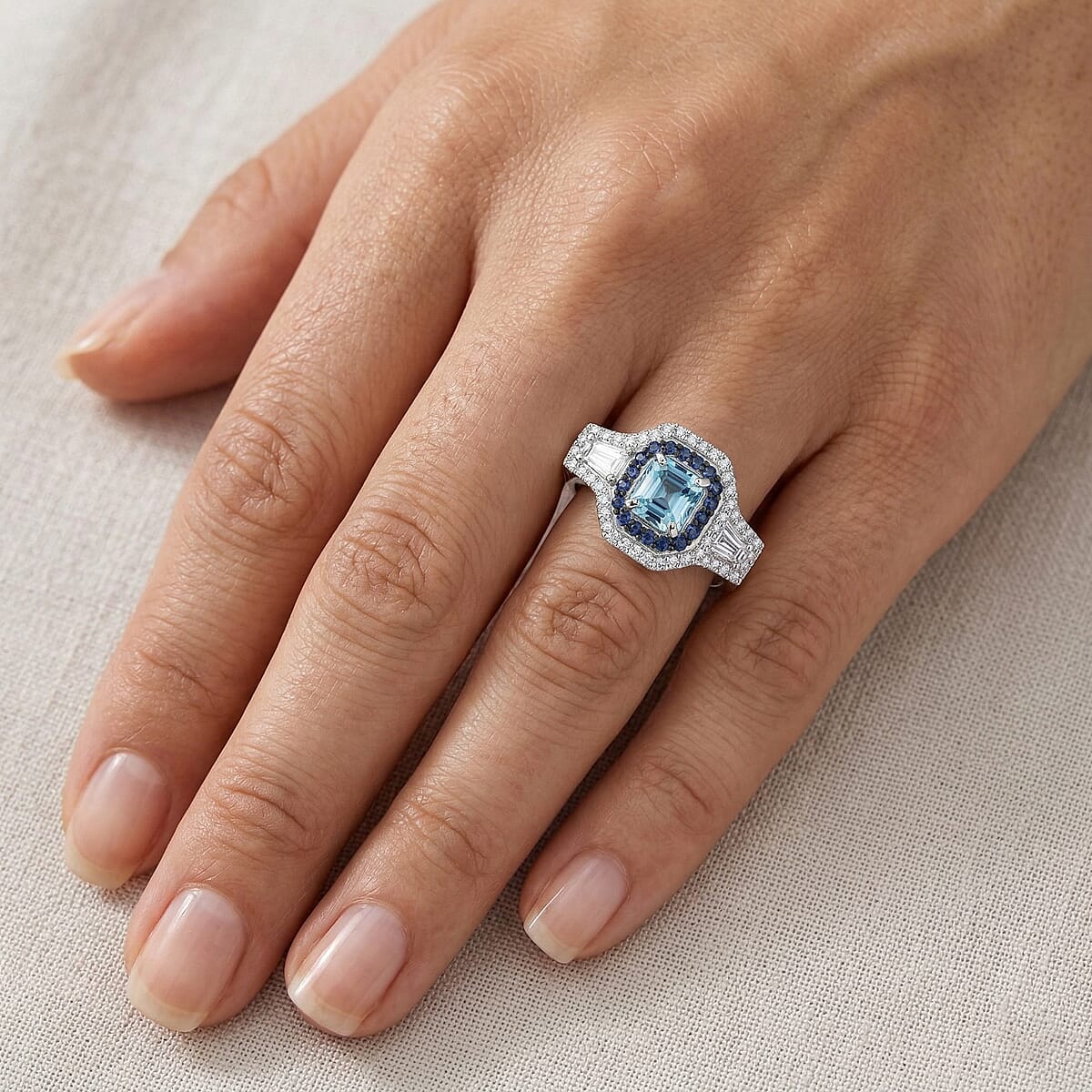 D'Joy Premium Asscher Cut Cambodian Blue Zircon, Multi Gemstone Ring in Rhodium Over Sterling Silver (Size 10.0) 2.25 ctw image number 2