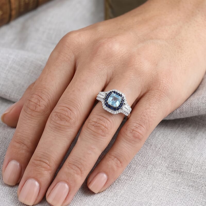 D'Joy Premium Asscher Cut Cambodian Blue Zircon and Multi Gemstone 2.25 ctw Midnight Ocean Crown Ring in Rhodium Over Sterling Silver (Size 10.0)