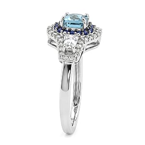D'Joy Premium Asscher Cut Cambodian Blue Zircon, Multi Gemstone Ring in Rhodium Over Sterling Silver (Size 10.0) 2.25 ctw