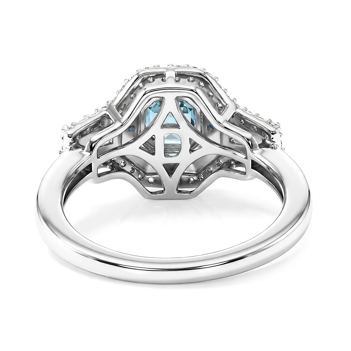 D'Joy Premium Asscher Cut Cambodian Blue Zircon and Multi Gemstone 2.25 ctw Midnight Ocean Crown Ring in Rhodium Over Sterling Silver (Size 10.0)