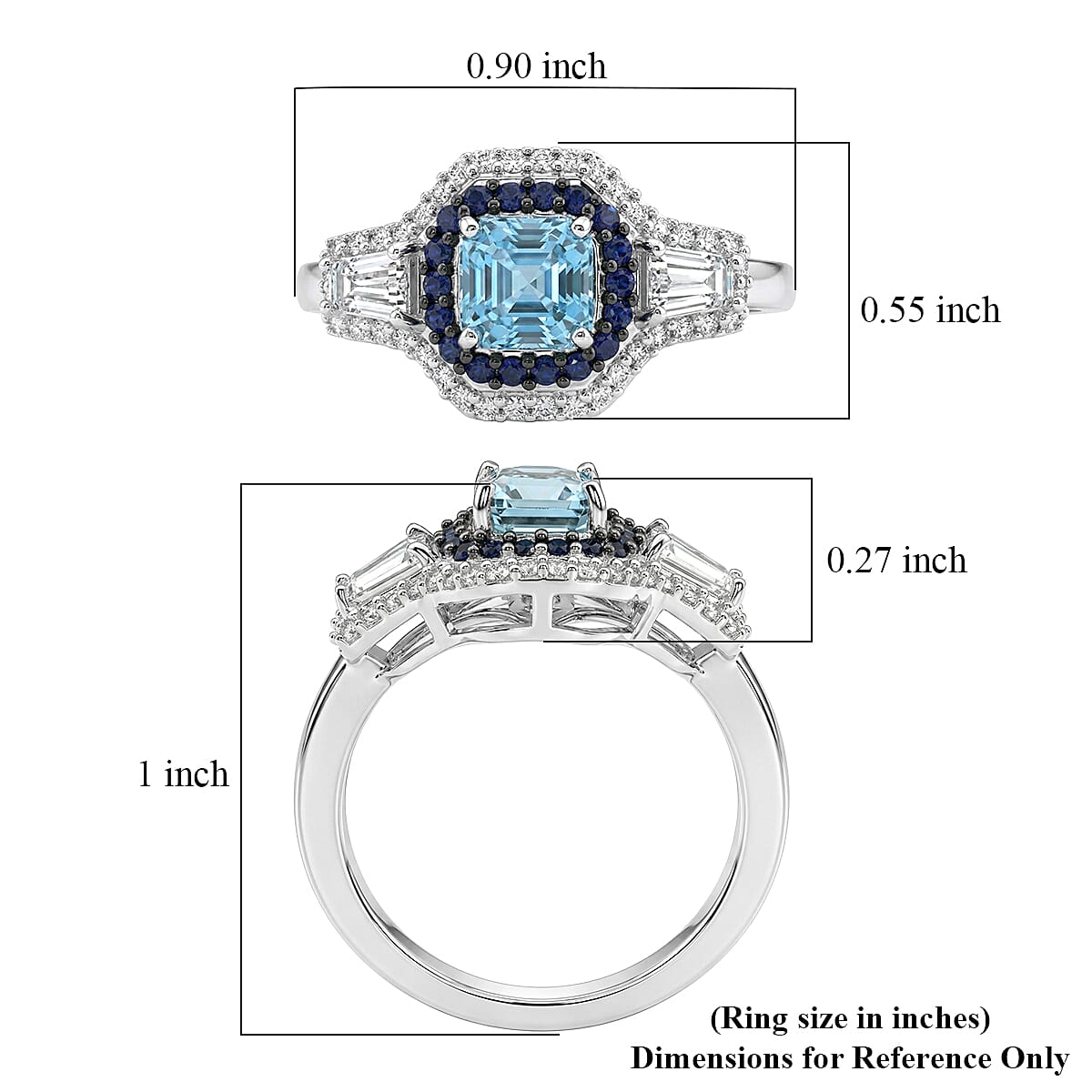 D'Joy Premium Asscher Cut Cambodian Blue Zircon and Multi Gemstone 2.25 ctw Midnight Ocean Crown Ring in Rhodium Over Sterling Silver (Size 10.0)