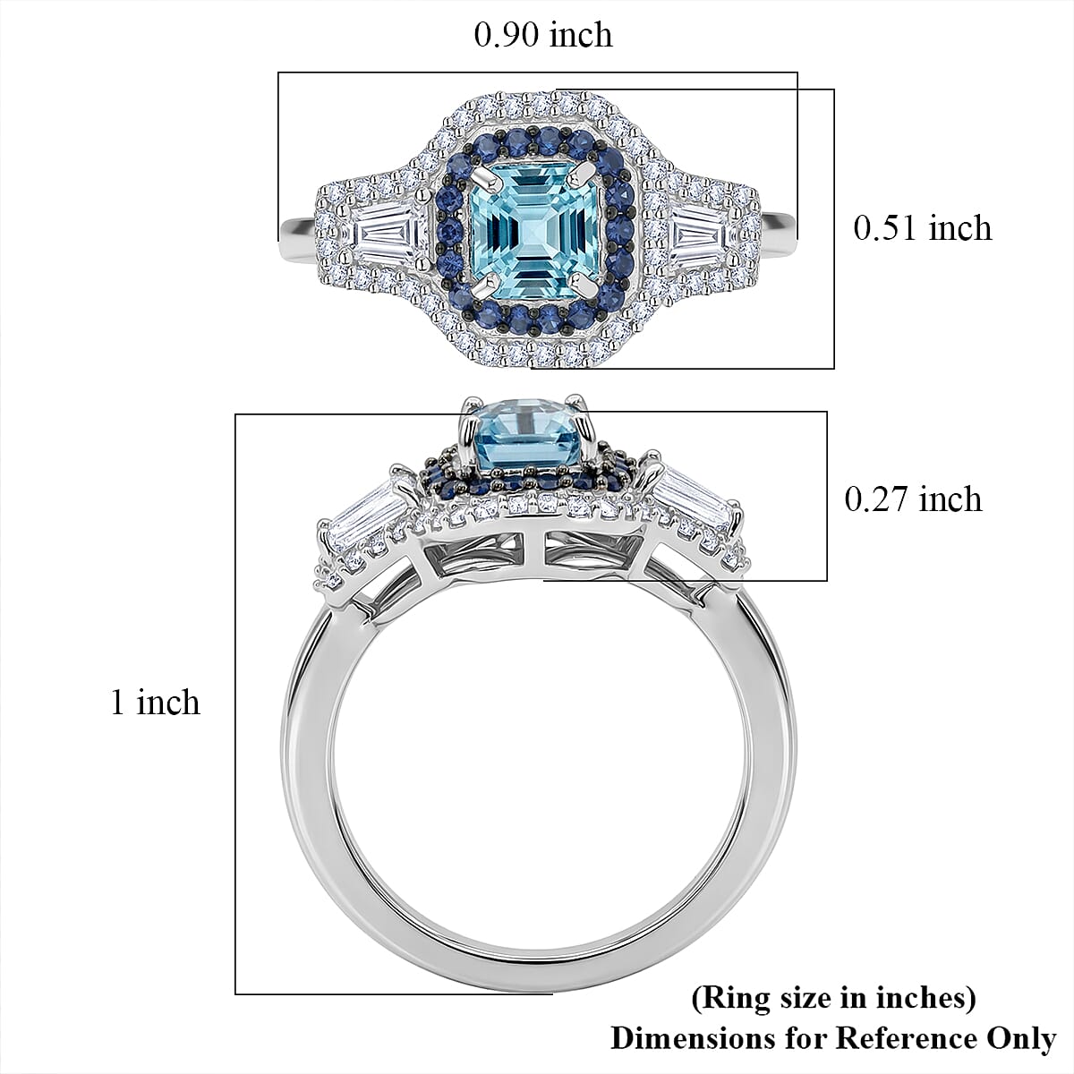 D'Joy Premium Asscher Cut Cambodian Blue Zircon, Multi Gemstone Ring in Rhodium Over Sterling Silver (Size 10.0) 2.25 ctw image number 5