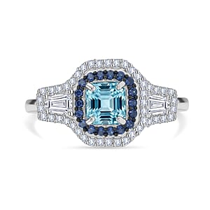 D'Joy Premium Asscher Cut Cambodian Blue Zircon, Multi Gemstone Ring in Rhodium Over Sterling Silver (Size 10.0) 2.25 ctw