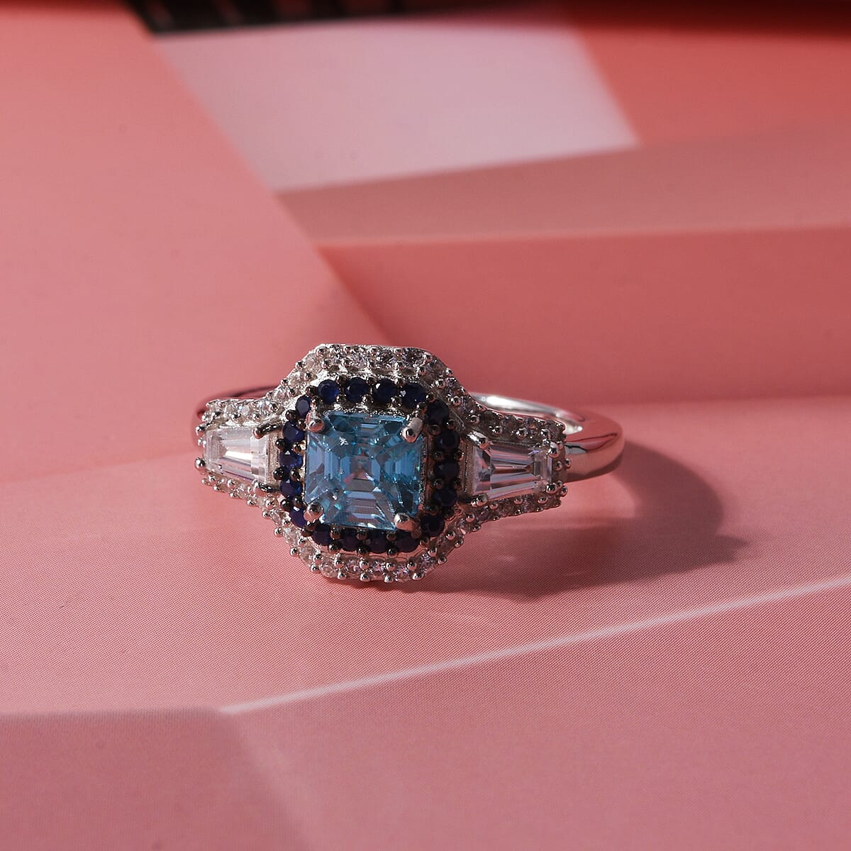 D'Joy Premium Asscher Cut Cambodian Blue Zircon, Multi Gemstone Ring in Rhodium Over Sterling Silver (Size 10.0) 2.25 ctw image number 1