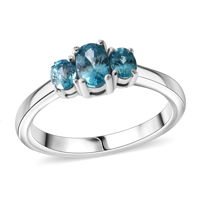 D'Joy Premium Cambodian Blue Zircon 1.30 ctw Trinity Ring in Rhodium Over Sterling Silver (Size 10.0)