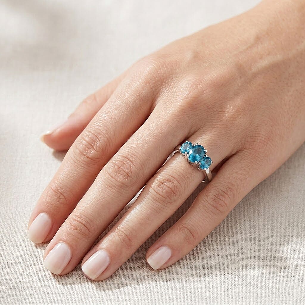 D'Joy Premium Cambodian Blue Zircon 1.30 ctw Trinity Ring in Rhodium Over Sterling Silver (Size 10.0)