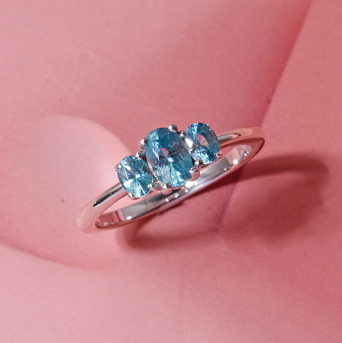 D'Joy Premium Cambodian Blue Zircon 1.30 ctw Trinity Ring in Rhodium Over Sterling Silver (Size 5.0) image number 1