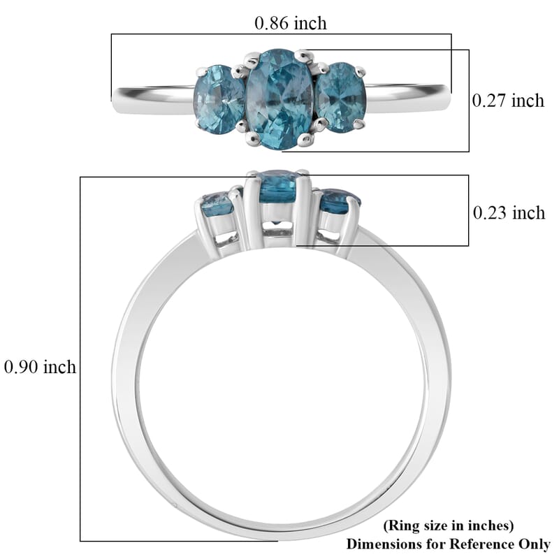 D'Joy Premium Cambodian Blue Zircon 1.30 ctw Trinity Ring in Rhodium Over Sterling Silver (Size 5.0)