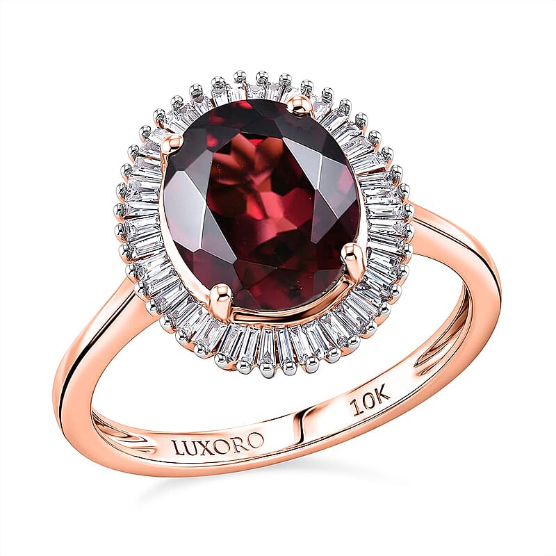 Luxoro AAA Malawi Magenta Garnet and Diamond I2 3.50 ctw Baguette Bloom Ring in 10K Rose Gold (Size  5.0)