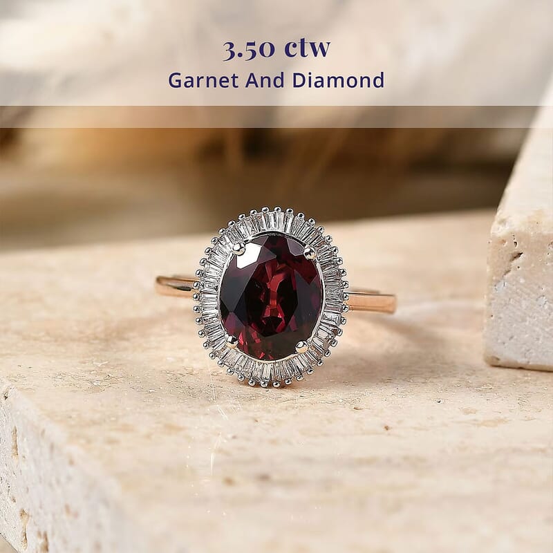 Luxoro AAA Malawi Magenta Garnet and Diamond I2 3.50 ctw Baguette Bloom Ring in 10K Rose Gold (Size  5.0)