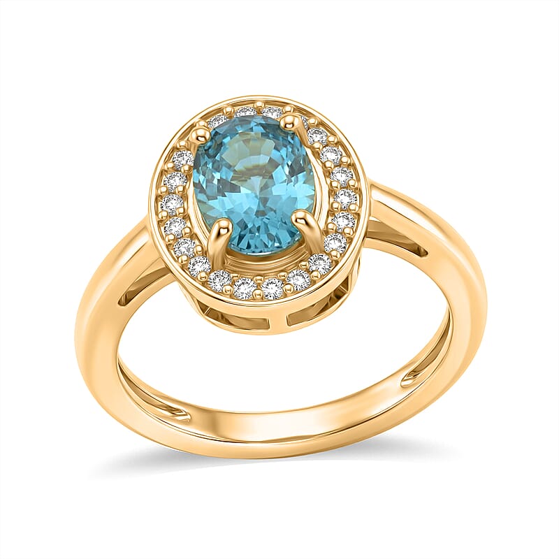 D'Joy Premium Cambodian Blue Zircon and Moissanite 2.10 ctw Ocean Glow Halo Ring in 18K Vermeil Yellow Gold Over Sterling Silver (Size 10.0)