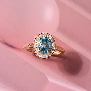 D'Joy Premium Cambodian Blue Zircon and Moissanite 2.10 ctw Ocean Glow Halo Ring in 18K Vermeil Yellow Gold Over Sterling Silver (Size 10.0) (Ships in 5-7 Days)