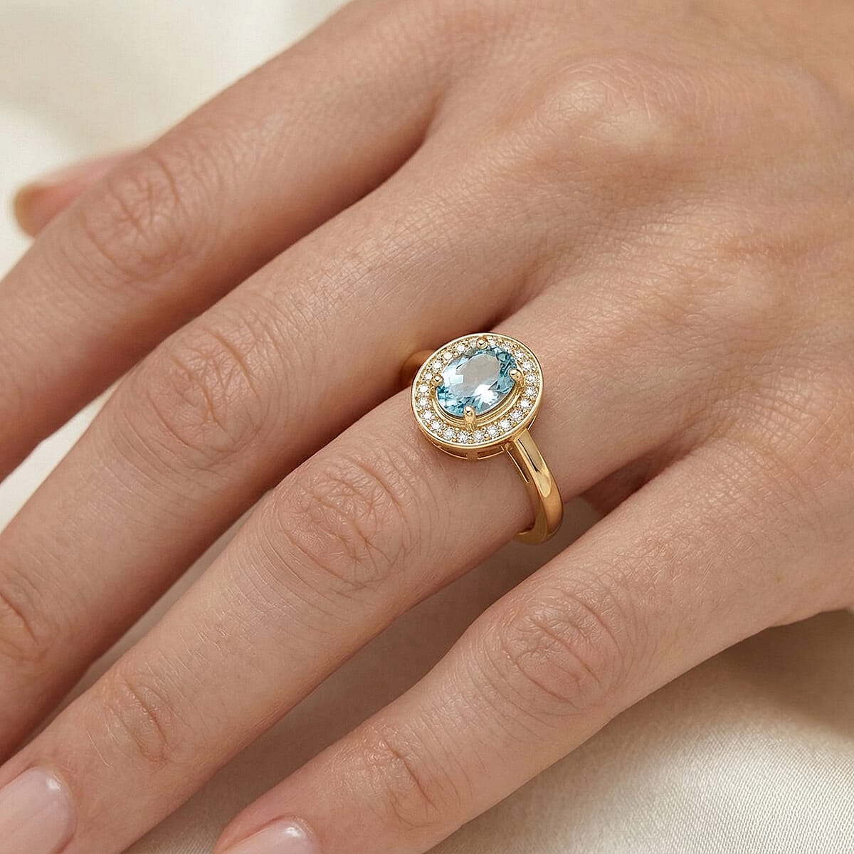 D'Joy Premium Cambodian Blue Zircon and Moissanite 2.10 ctw Ocean Glow Halo Ring in 18K Vermeil Yellow Gold Over Sterling Silver (Size 10.0) (Ships in 5-7 Days) image number 2