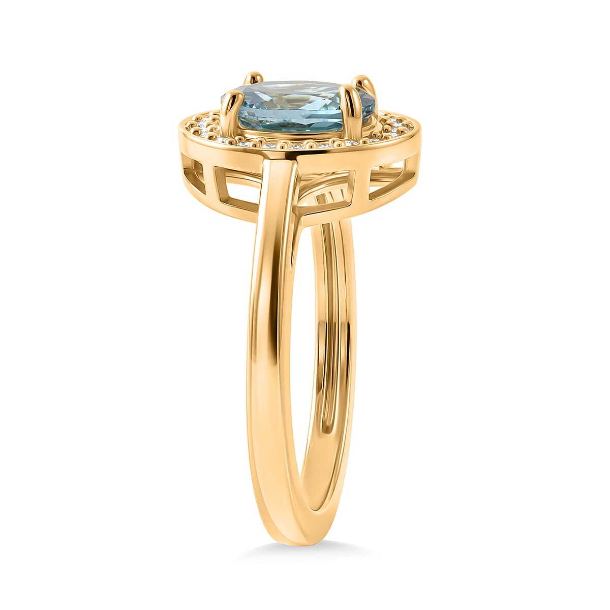 D'Joy Premium Cambodian Blue Zircon and Moissanite 2.10 ctw Ocean Glow Halo Ring in 18K Vermeil Yellow Gold Over Sterling Silver (Size 10.0) (Ships in 5-7 Days) image number 3