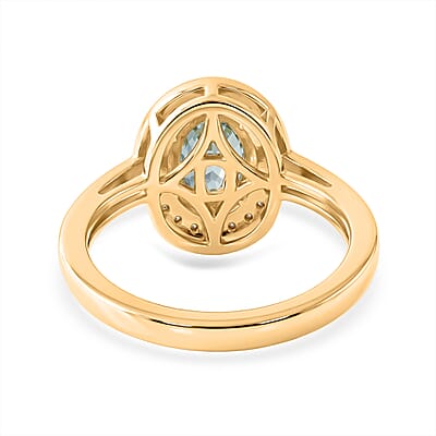 D'Joy Premium Cambodian Blue Zircon and Moissanite 2.10 ctw Ocean Glow Halo Ring in 18K Vermeil Yellow Gold Over Sterling Silver (Size 10.0)