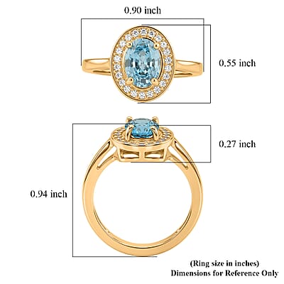 D'Joy Premium Cambodian Blue Zircon and Moissanite 2.10 ctw Ocean Glow Halo Ring in 18K Vermeil Yellow Gold Over Sterling Silver (Size 10.0)