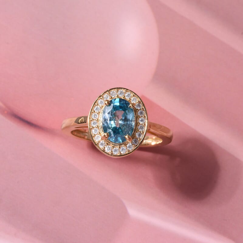 D'Joy Premium Cambodian Blue Zircon and Moissanite 2.10 ctw Ocean Glow Halo Ring in 18K Vermeil Yellow Gold Over Sterling Silver (Size 9.0)