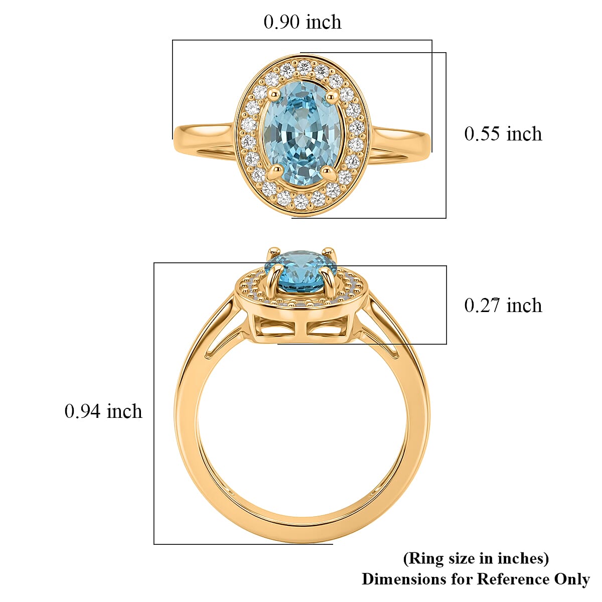 D'Joy Premium Cambodian Blue Zircon and Moissanite 2.10 ctw Ocean Glow Halo Ring in 18K Vermeil Yellow Gold Over Sterling Silver (Size 9.0)