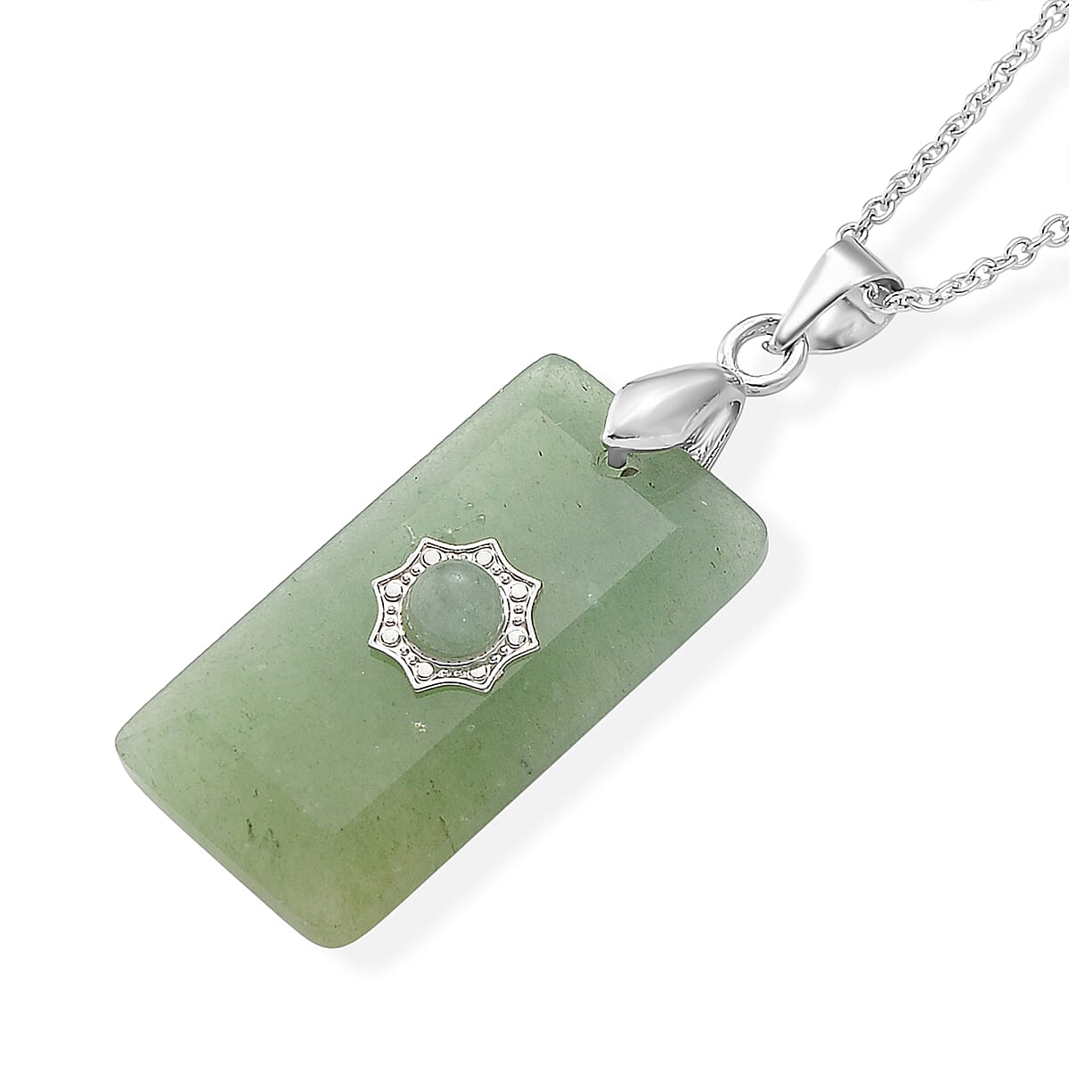 Green Aventurine 15.00 ctw Pendant Necklace in Silvertone 17 Inches