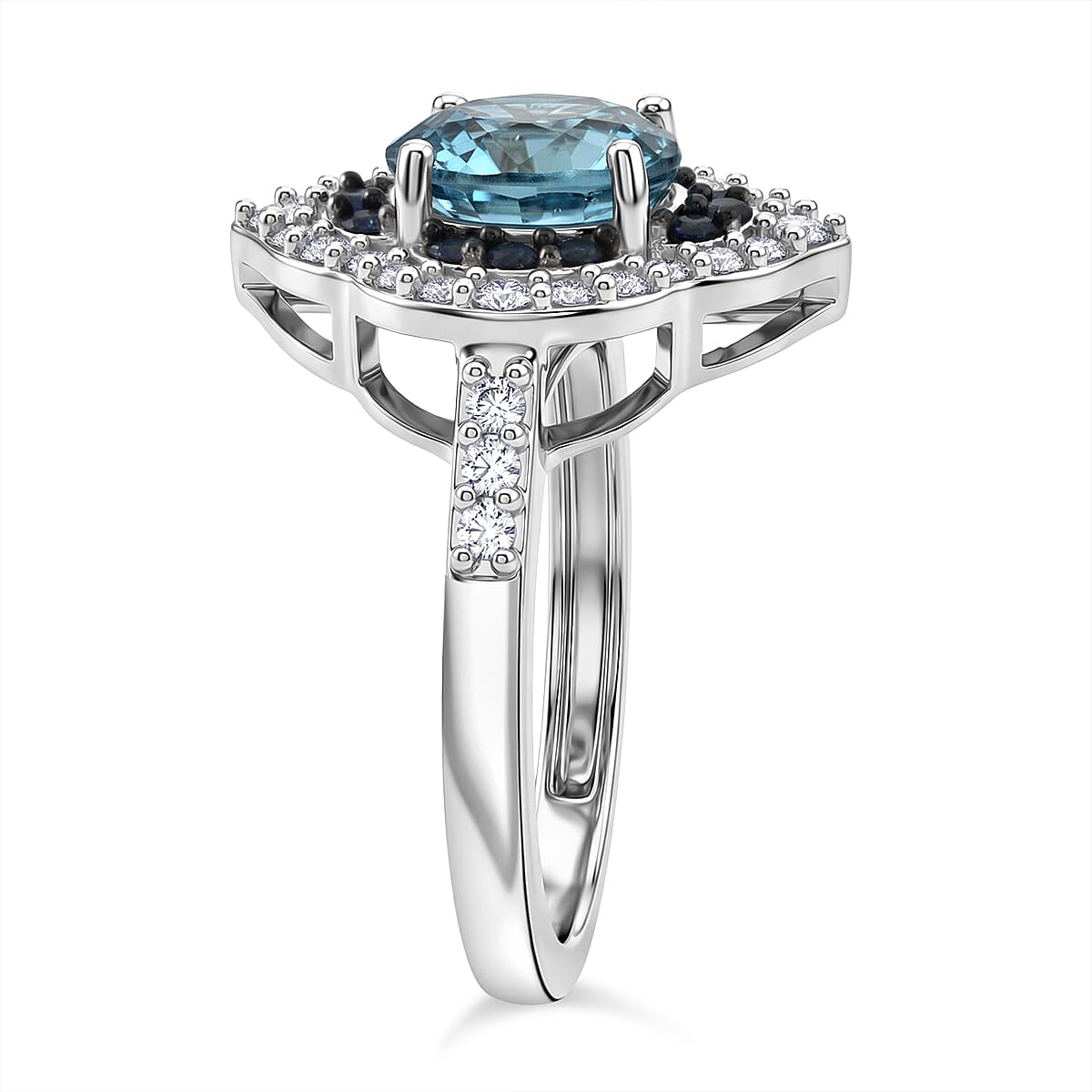 D'Joy Premium Cambodian Blue Zircon and Multi Gemstone 2.50 ctw Starlight Tide Halo Ring in Rhodium Over Sterling Silver (Size 10.0)
