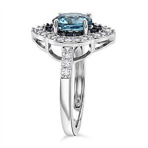 D'Joy Premium Cambodian Blue Zircon and Multi Gemstone 2.50 ctw Starlight Tide Halo Ring in Rhodium Over Sterling Silver (Size 10.0) (Ships in 5-7 Days)