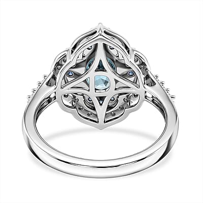 D'Joy Premium Cambodian Blue Zircon and Multi Gemstone 2.50 ctw Starlight Tide Halo Ring in Rhodium Over Sterling Silver (Size 10.0)