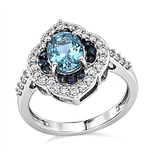 D'Joy Premium Cambodian Blue Zircon and Multi Gemstone 2.50 ctw Starlight Tide Halo Ring in Rhodium Over Sterling Silver (Size 7.0) (Ships in 5-7 Days)