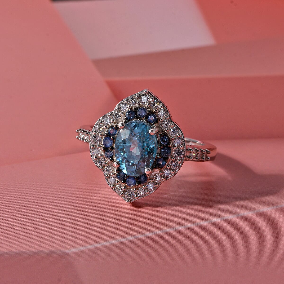 D'Joy Premium Cambodian Blue Zircon and Multi Gemstone 2.50 ctw Starlight Tide Halo Ring in Rhodium Over Sterling Silver (Size 7.0) (Ships in 5-7 Days) image number 1