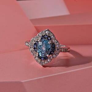 D'Joy Premium Cambodian Blue Zircon and Multi Gemstone 2.50 ctw Starlight Tide Halo Ring in Rhodium Over Sterling Silver (Size 7.0) (Ships in 5-7 Days)