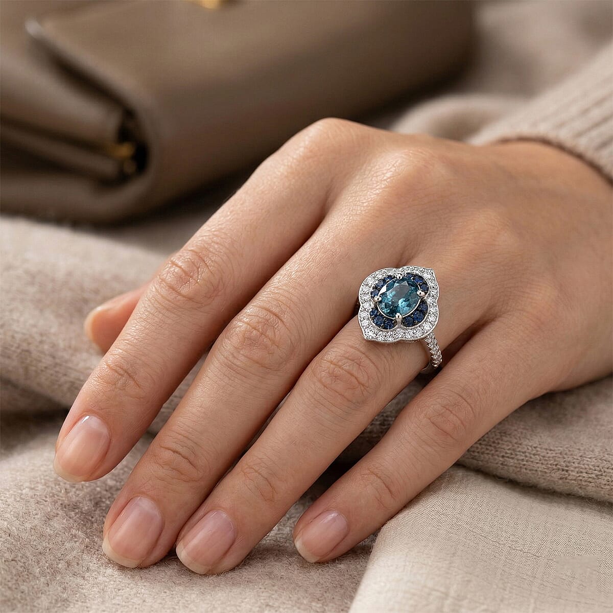 D'Joy Premium Cambodian Blue Zircon and Multi Gemstone 2.50 ctw Starlight Tide Halo Ring in Rhodium Over Sterling Silver (Size 7.0) (Ships in 5-7 Days) image number 2