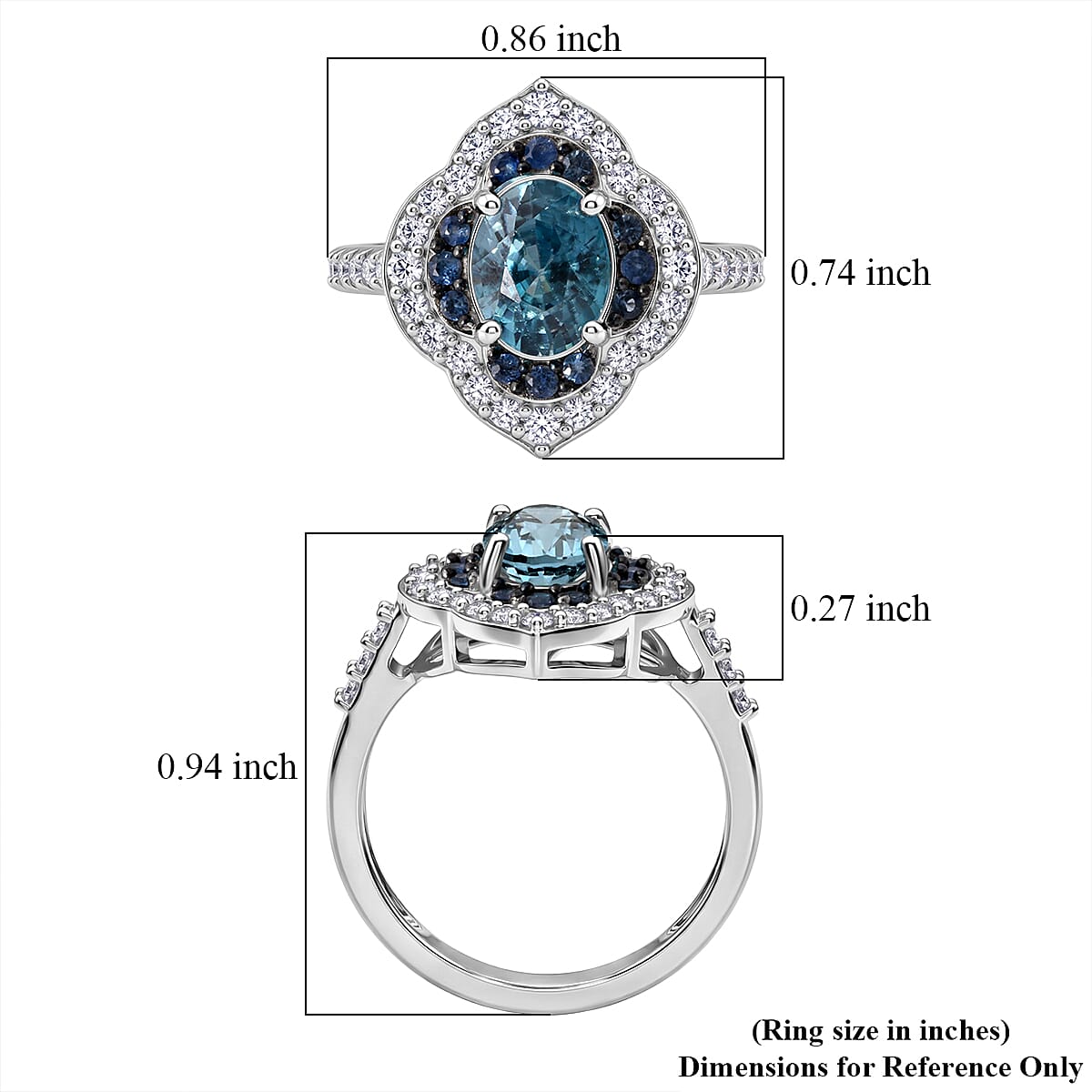 D'Joy Premium Cambodian Blue Zircon and Multi Gemstone 2.50 ctw Starlight Tide Halo Ring in Rhodium Over Sterling Silver (Size 7.0) (Ships in 5-7 Days) image number 5