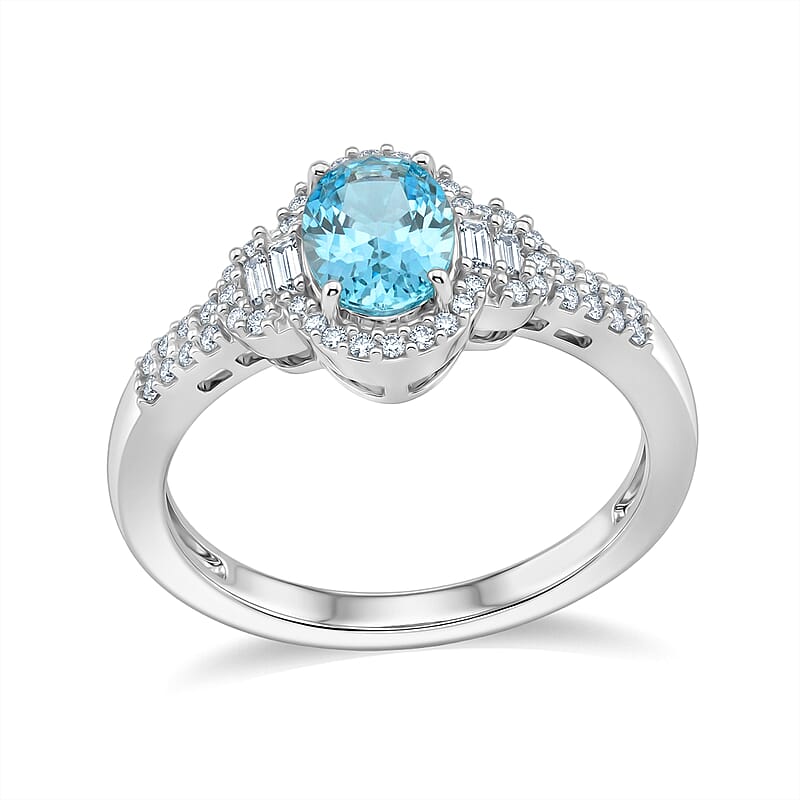 D'Joy Premium Cambodian Blue Zircon and Moissanite 2.20 ctw Starlight Aura Ring in Rhodium Over Sterling Silver (Size 10.0)