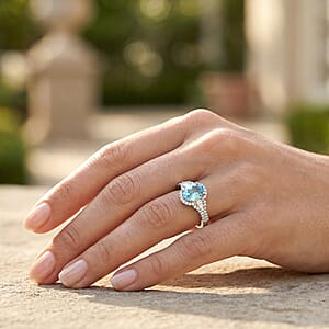 D'Joy Premium Cambodian Blue Zircon and Moissanite 2.20 ctw Starlight Aura Ring in Rhodium Over Sterling Silver (Size 6.0) (Ships in 5-7 Days)