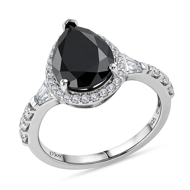 D'Joy Black and White Moissanite 4.75 ctw Black Majesty Drop Ring in Rhodium Over Sterling Silver (Size 10.0)