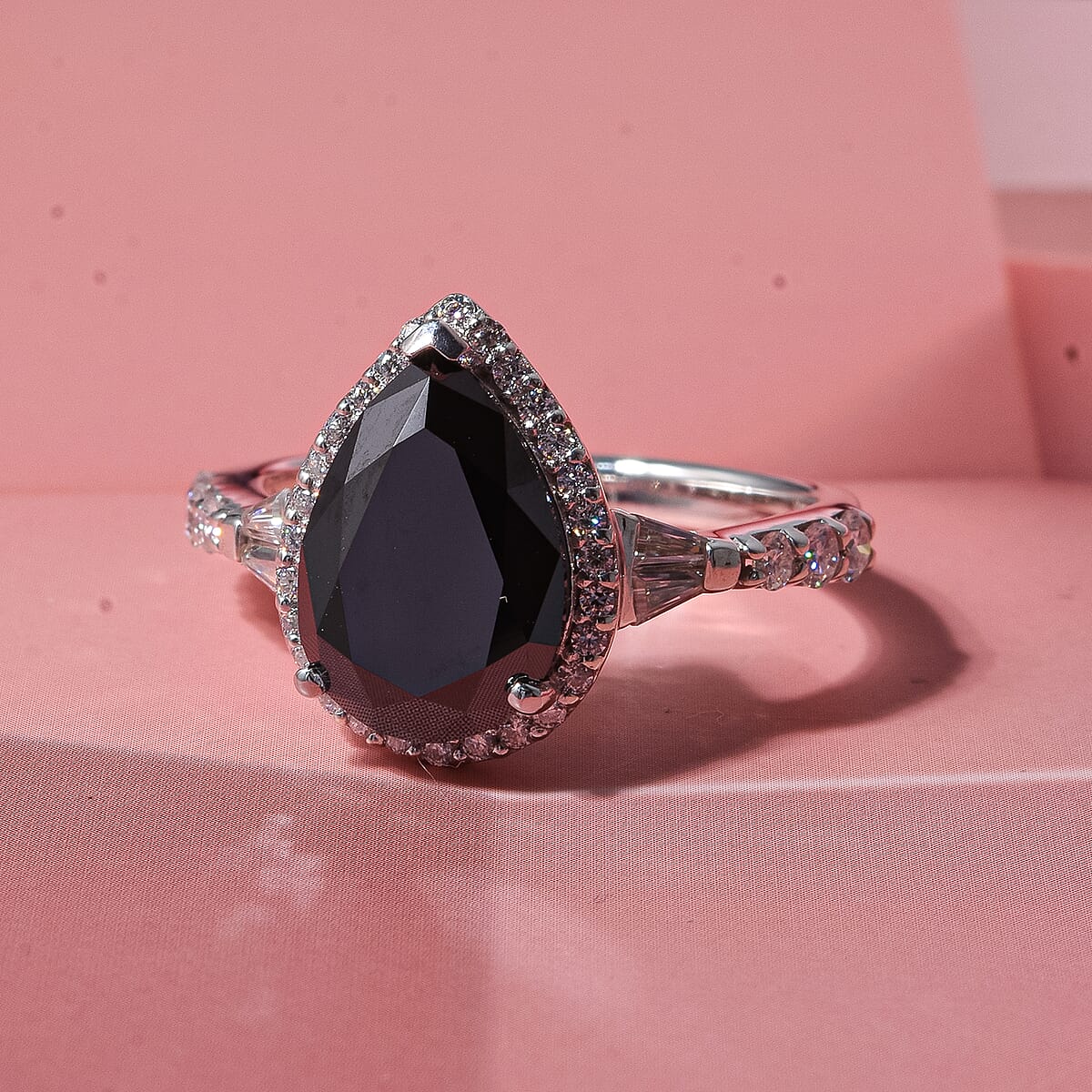 D'Joy Black and White Moissanite 4.75 ctw Black Majesty Drop Ring in Rhodium Over Sterling Silver (Size 10.0) image number 1