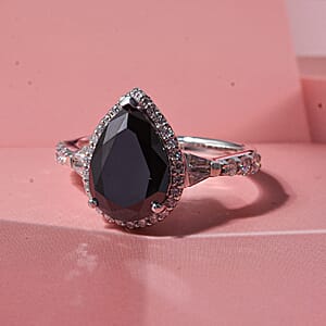 D'Joy Black Moissanite (Pear 15x9mm), Moissanite Black Majesty Drop Ring in Rhodium Over Sterling Silver (Size 10.0) 4.75 ctw