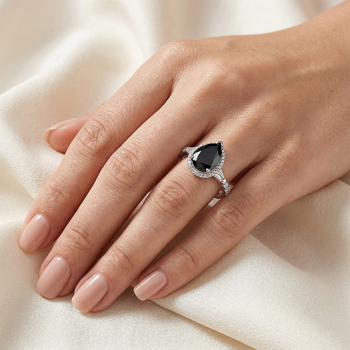 D'Joy Black and White Moissanite 4.75 ctw Black Majesty Drop Ring in Rhodium Over Sterling Silver (Size 10.0) image number 2