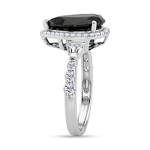 D'Joy Black Moissanite (Pear 15x9mm), Moissanite Black Majesty Drop Ring in Rhodium Over Sterling Silver (Size 10.0) 4.75 ctw