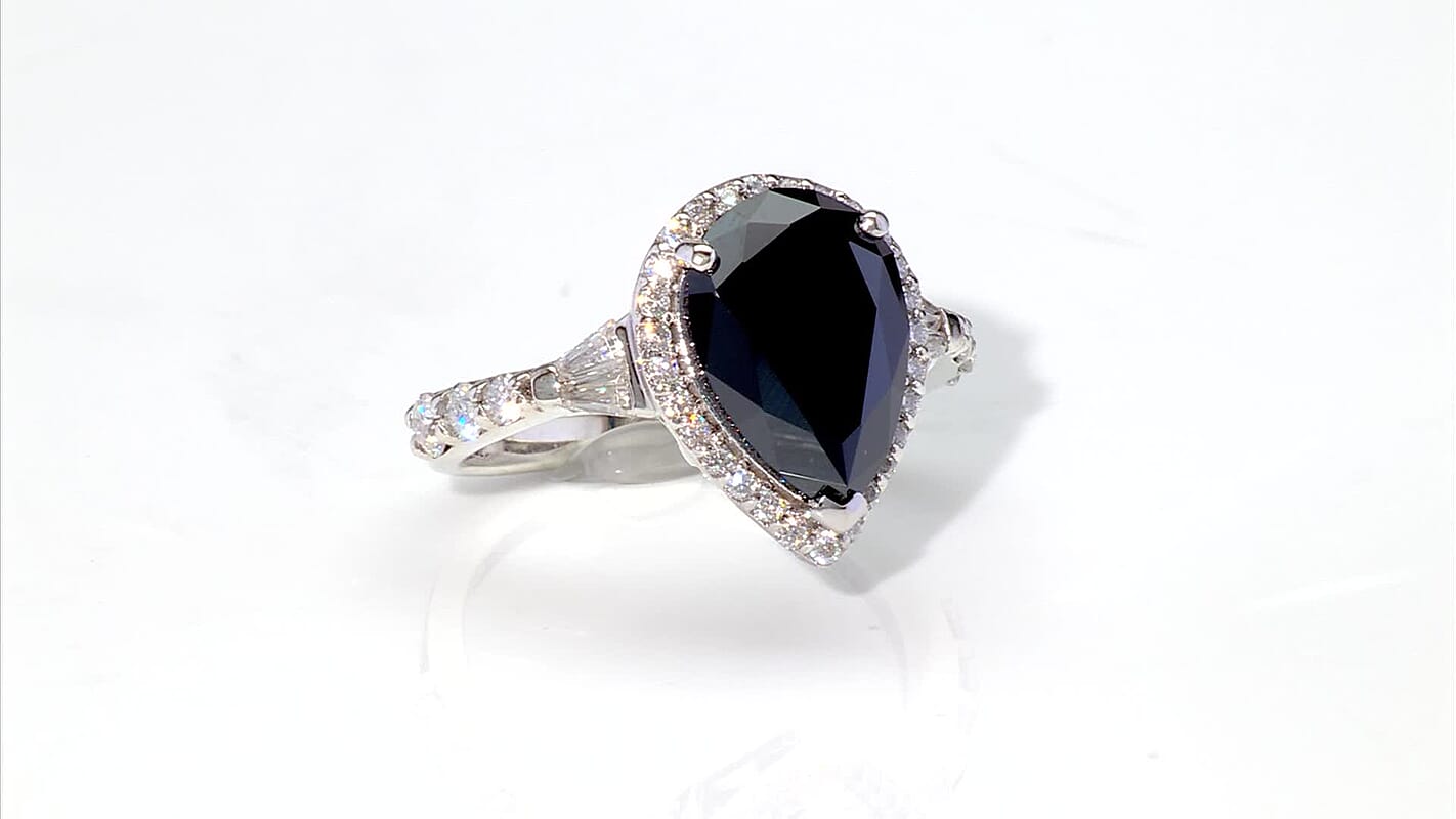 D'Joy Black Moissanite (Pear 15x9mm), Moissanite Black Majesty Drop Ring in Rhodium Over Sterling Silver (Size 10.0) 4.75 ctw