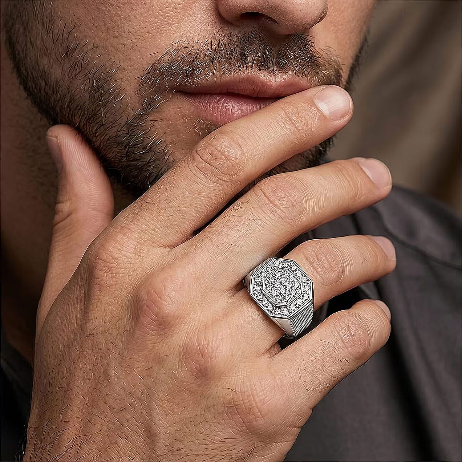 Luxuriant Lab Grown Diamond G-H SI 1.50 ctw Men's Ring in Rhodium Over Sterling Silver (Size 10.0) (Del. in 10-12 Days)