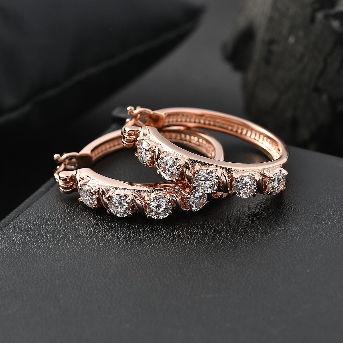 EverTrue Moissanite 2.30 ctw Infinity Wave Hoop Earrings in ION Plated RG Stainless Steel image number 1