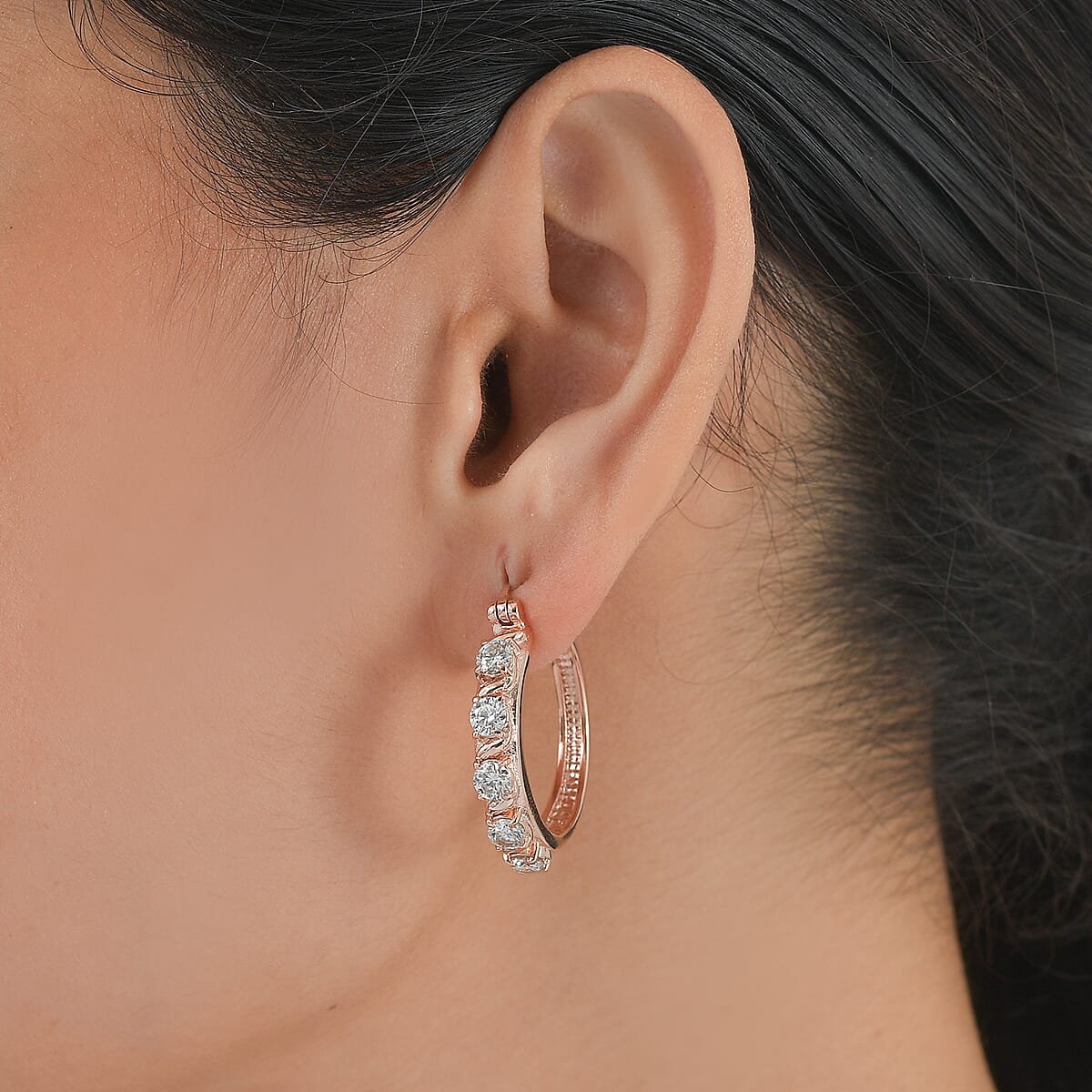 EverTrue Moissanite 2.30 ctw Infinity Wave Hoop Earrings in ION Plated RG Stainless Steel image number 2