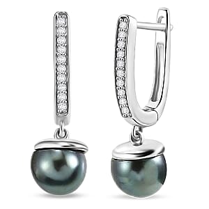 Premium Tahitian Pearl and Luxuriant Lab Grown Diamond G-H SI 0.20 ctw Due Drop Earrings in Rhodium Over Sterling Silver