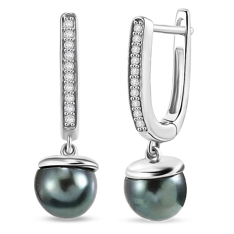 Premium Tahitian Pearl and Luxuriant Lab Grown Diamond G-H SI 0.20 ctw Due Drop Earrings in Rhodium Over Sterling Silver