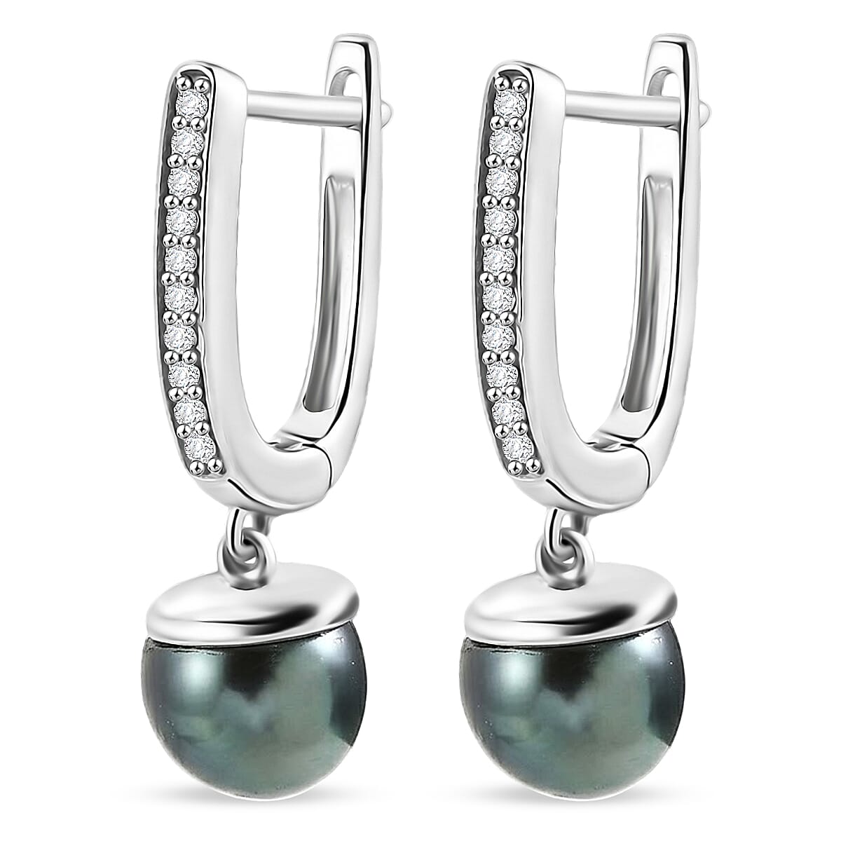 Premium Tahitian Pearl and Luxuriant Lab Grown Diamond G-H SI 0.20 ctw Due Drop Earrings in Rhodium Over Sterling Silver image number 3