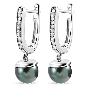 Premium Tahitian Pearl and Luxuriant Lab Grown Diamond G-H SI 0.20 ctw Due Drop Earrings in Rhodium Over Sterling Silver
