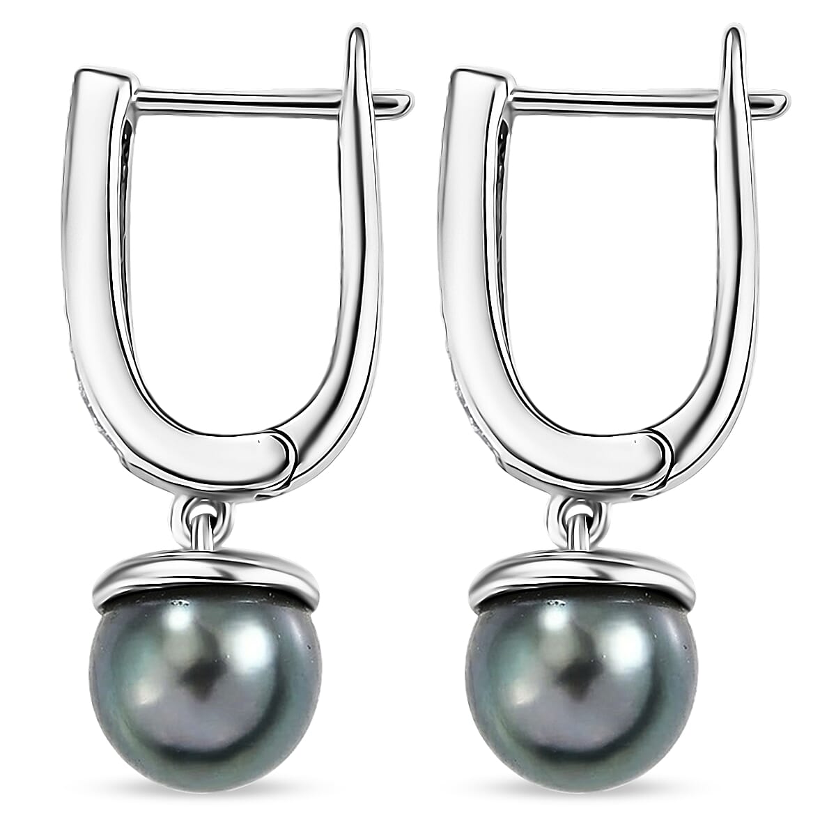 Premium Tahitian Pearl and Luxuriant Lab Grown Diamond G-H SI 0.20 ctw Due Drop Earrings in Rhodium Over Sterling Silver