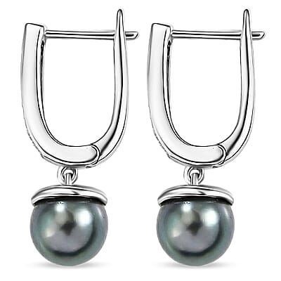 Premium Tahitian Pearl and Luxuriant Lab Grown Diamond G-H SI 0.20 ctw Due Drop Earrings in Rhodium Over Sterling Silver