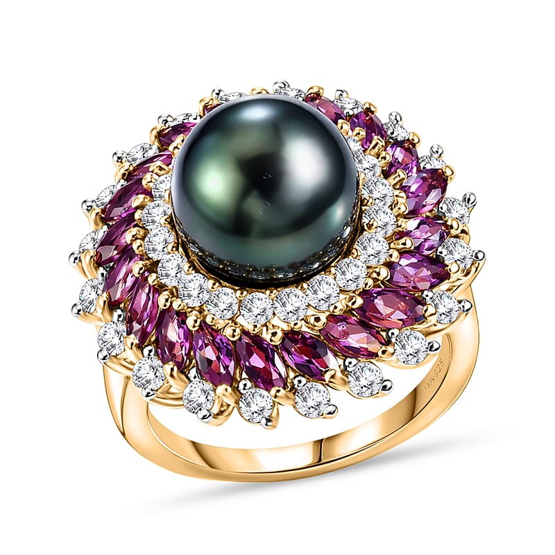 D'Joy Premium Tahitian Pearl and Multi Gemstone 3.50 ctw Royal Bloom Ring in 18K Vermeil Yellow Gold Over Sterling Silver (Size 6.0)