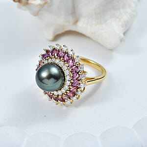 D'Joy Premium Tahitian Pearl and Multi Gemstone 3.50 ctw Royal Bloom Ring in 18K Vermeil Yellow Gold Over Sterling Silver (Size 6.0)
